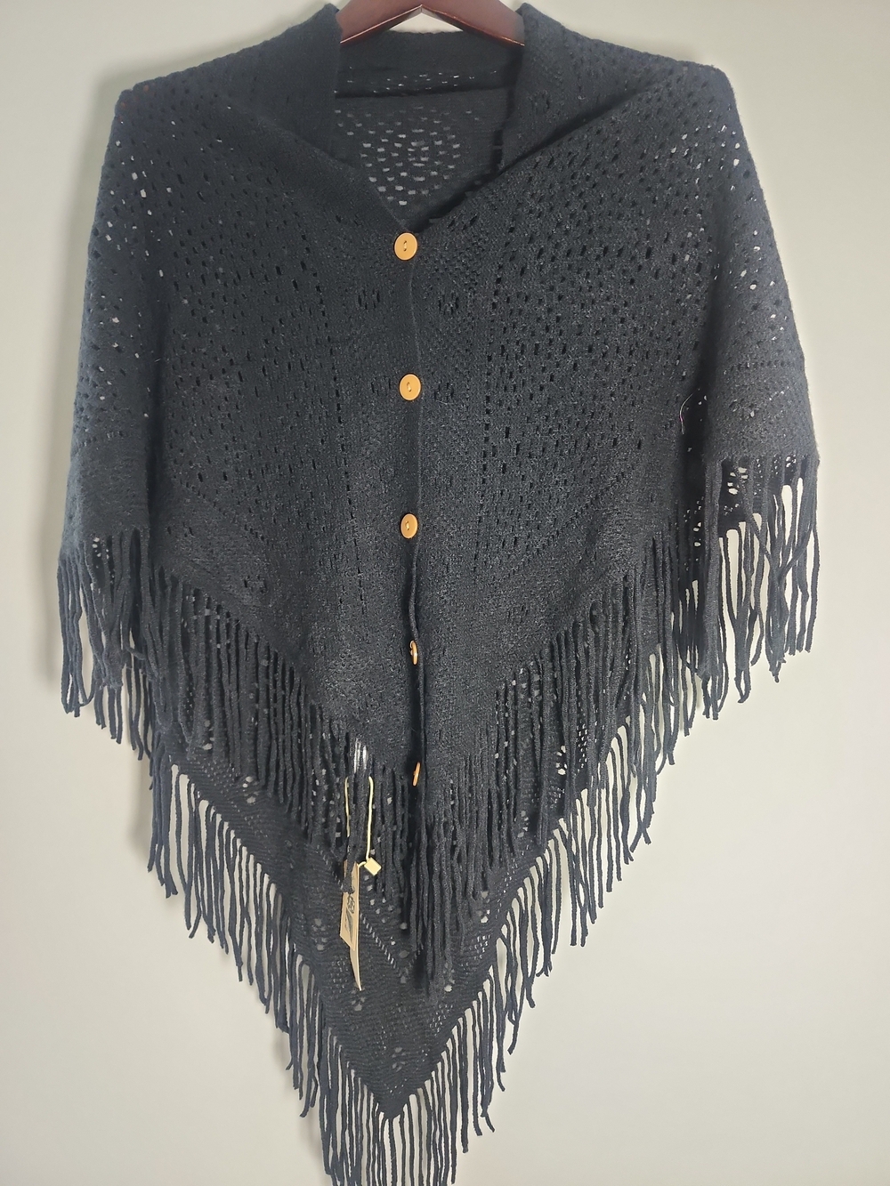 Justin & Taylor Fringed Knit Crochet Shawl Cardigan Poncho - Black